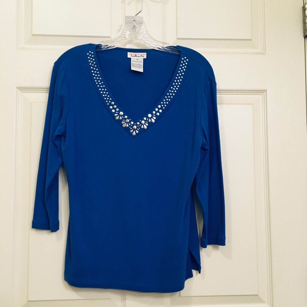 Talbots blue knit top with silver embellishments